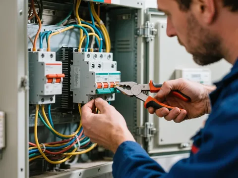 Électricien câblant un disjoncteur en Belgique