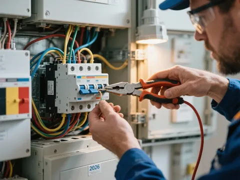 Électricien câblant un disjoncteur en Belgique