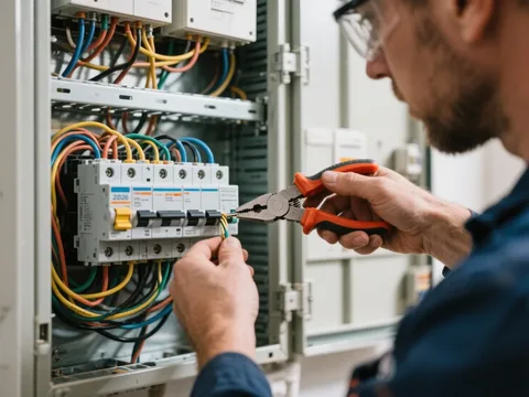 Électricien câblant un disjoncteur en Belgique
