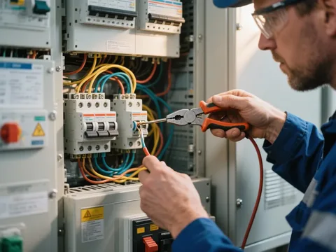 Électricien câblant un disjoncteur en Belgique