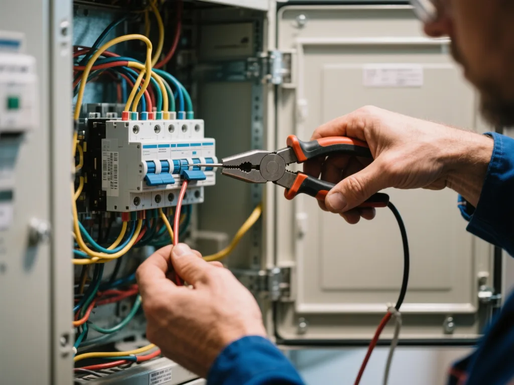 Électricien câblant un disjoncteur en Belgique