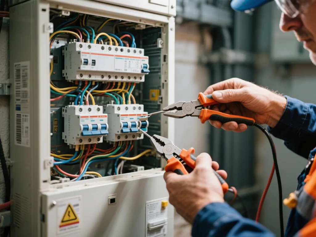 Électricien câblant un disjoncteur en Belgique