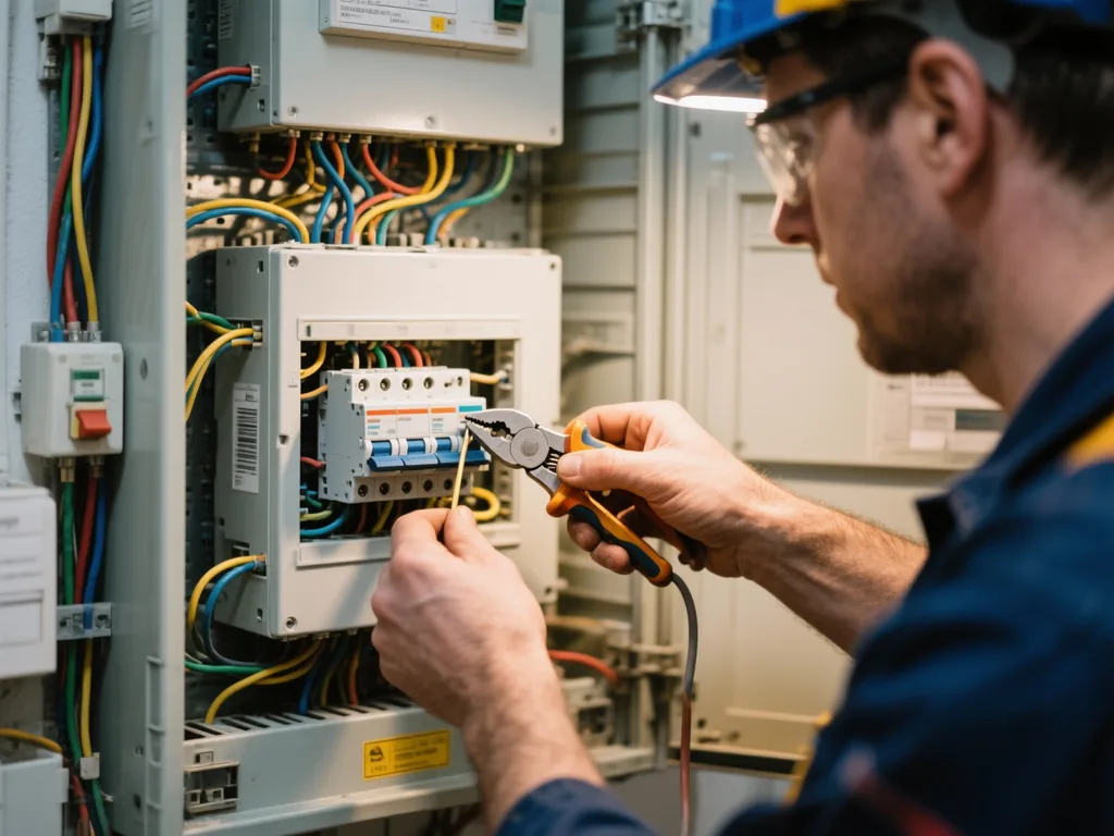 Électricien câblant un disjoncteur en Belgique
