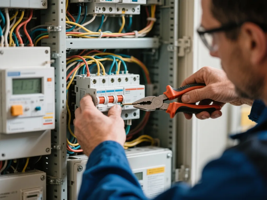 Électricien câblant un disjoncteur en Belgique