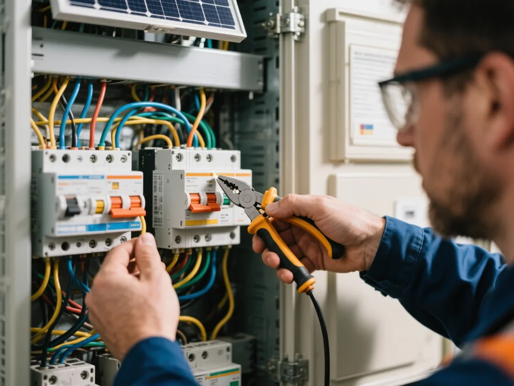 Électricien câblant un disjoncteur en Belgique