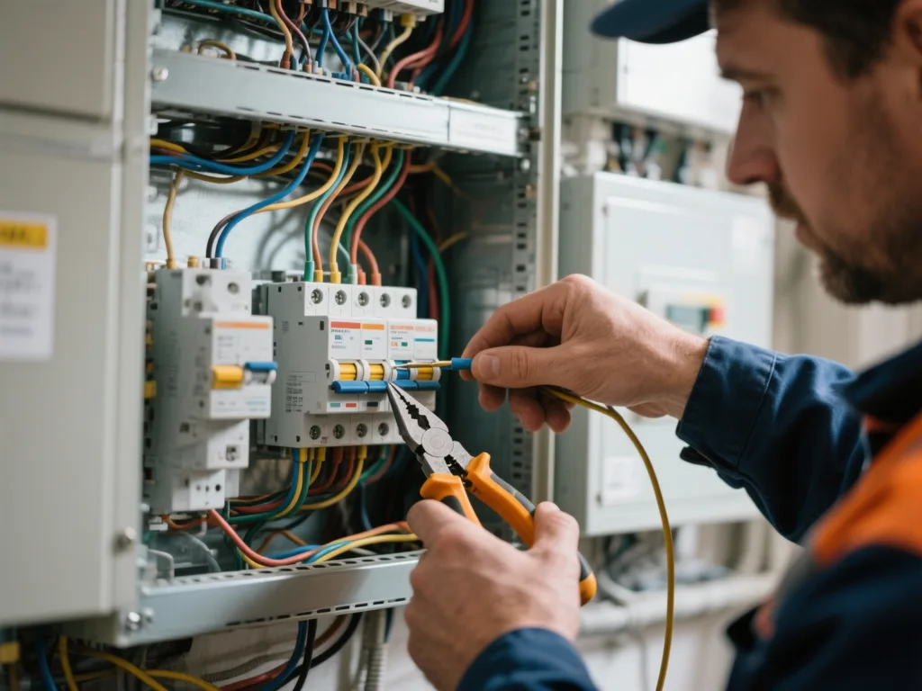 Électricien câblant un disjoncteur en Belgique