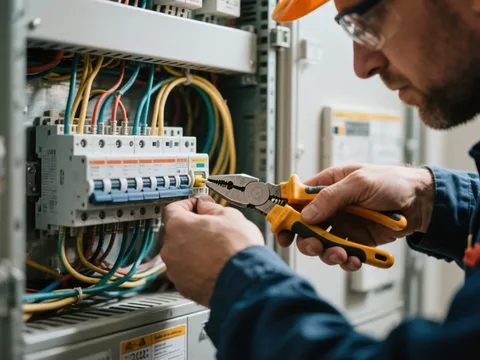 Électricien câblant un disjoncteur en Belgique
