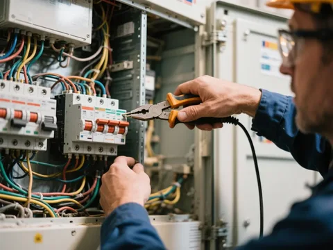 Électricien câblant un disjoncteur en Belgique