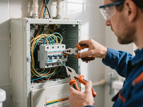 Électricien câblant un disjoncteur en Belgique