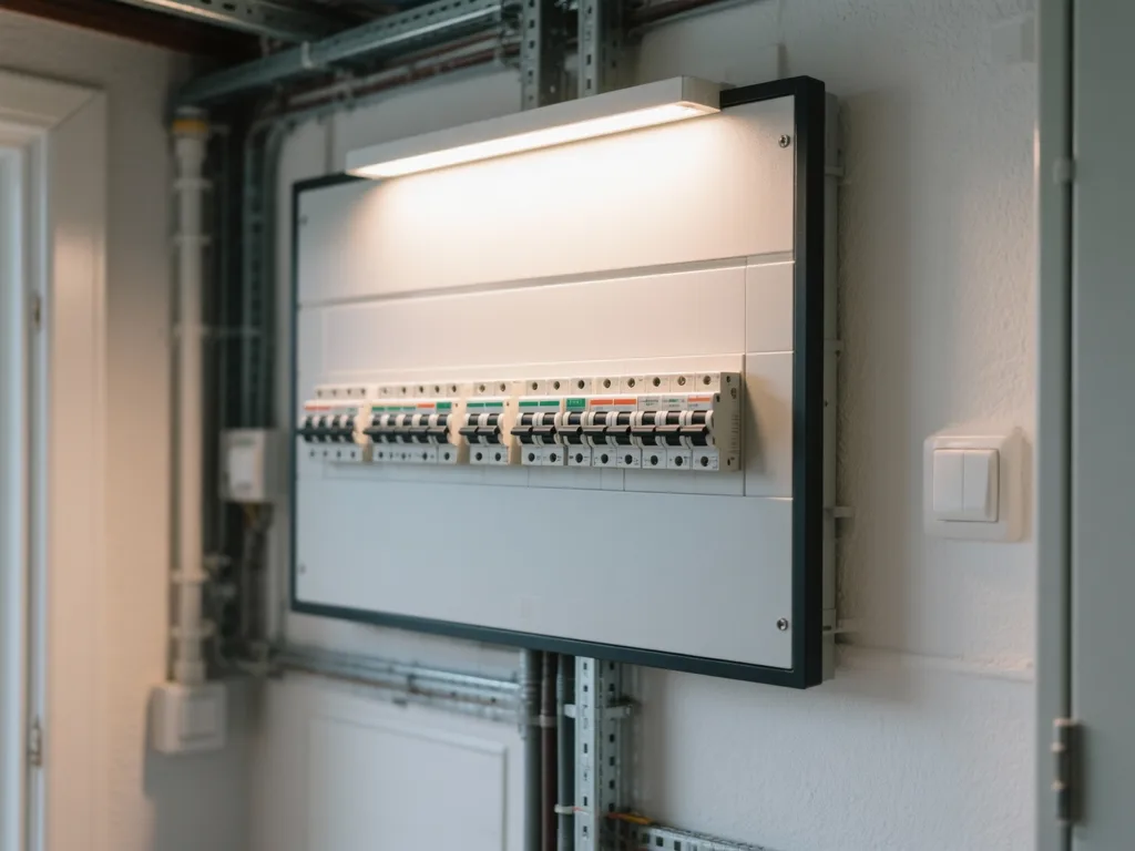 Tableau électrique moderne en Belgique, disjoncteurs alignés sous lumière douce