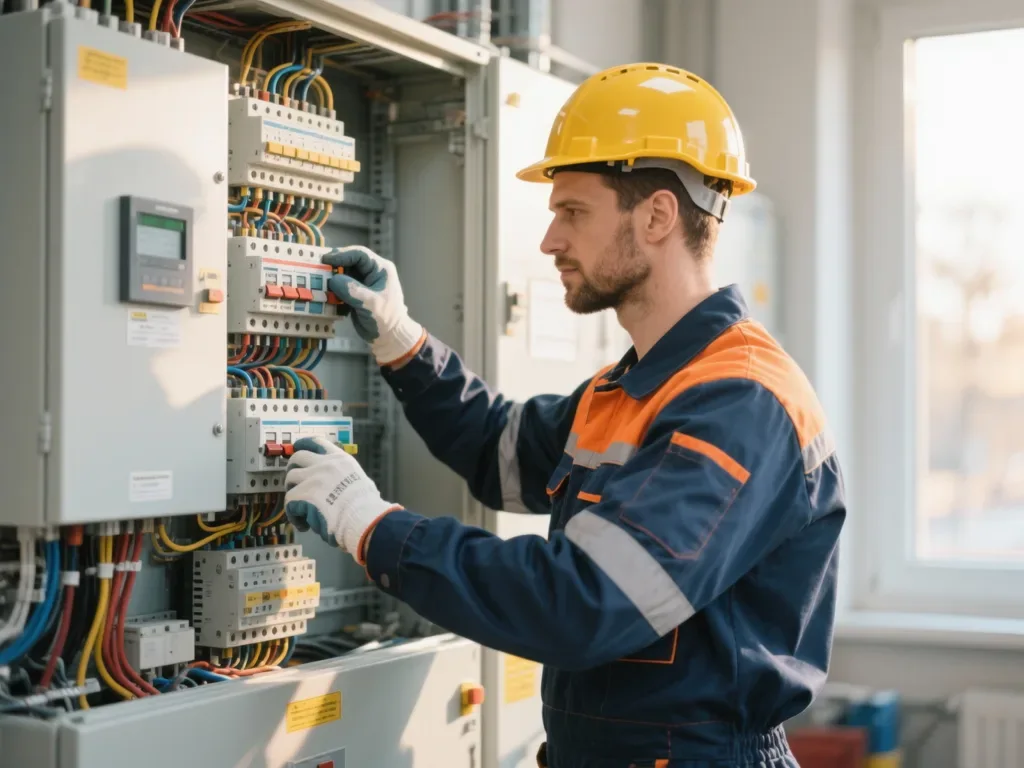 Électricien intervenant sur un tableau électrique