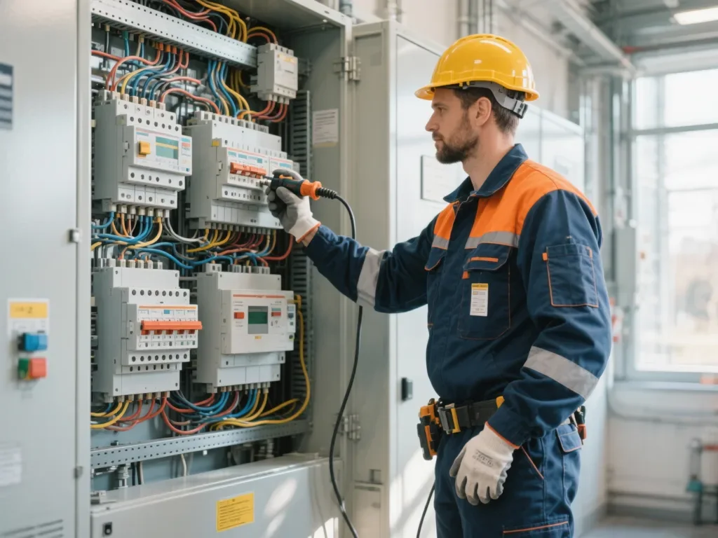 Électricien intervenant sur un tableau électrique