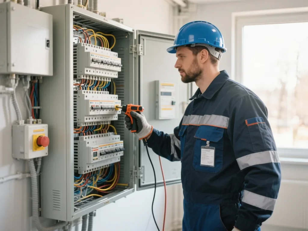 Électricien intervenant sur un tableau électrique