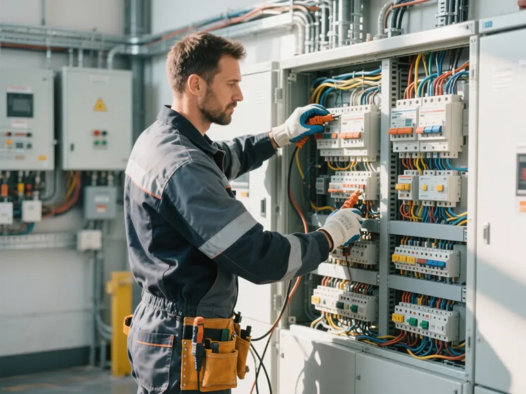 Électricien intervenant sur un tableau électrique