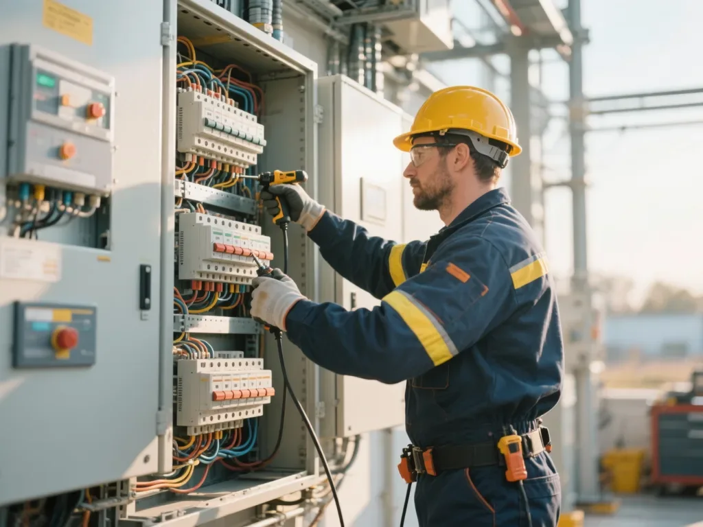 Électricien intervenant sur un tableau électrique