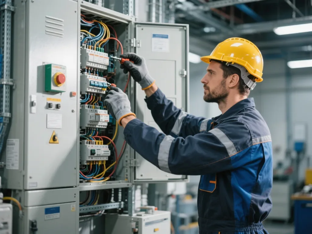 Électricien intervenant sur un tableau électrique